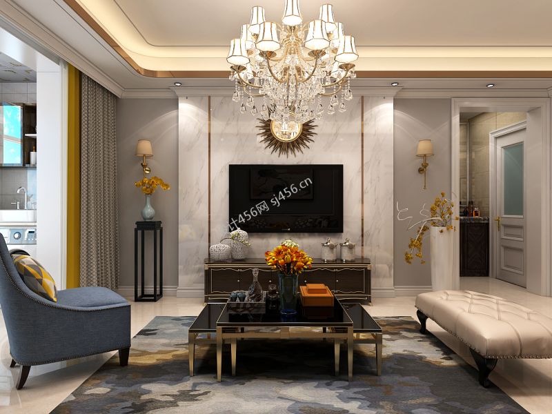 100平三居室简约欧式客厅吊顶装修效果图