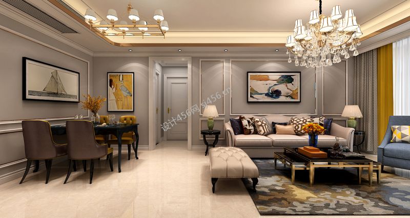 100平三居室简约欧式客厅餐厅装修效果图