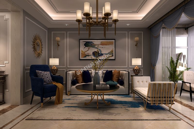 137平三居室简约欧式客厅吊灯装修效果图