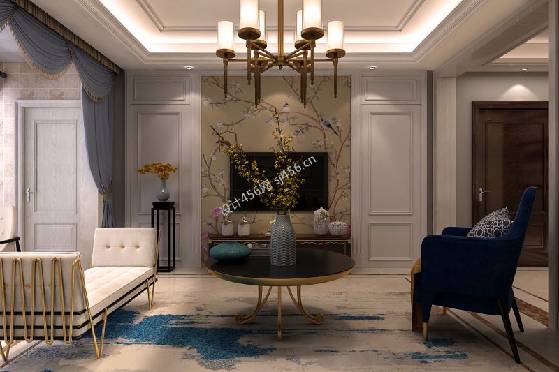 137平三居室简约欧式客厅吊顶装修效果图