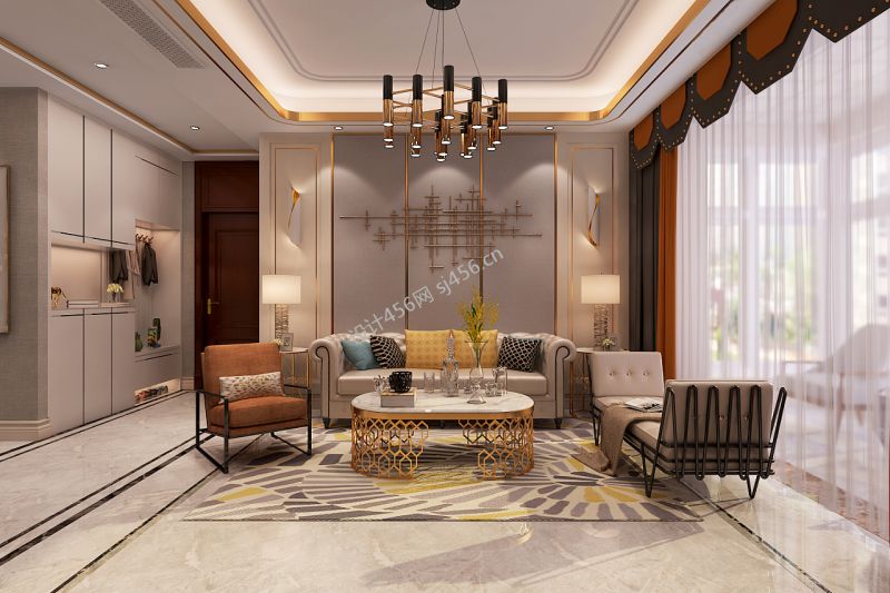137平三居室港式轻奢客厅吊顶装修效果图
