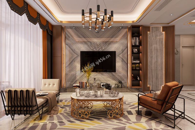 137平三居室港式轻奢客厅电视墙装修效果图