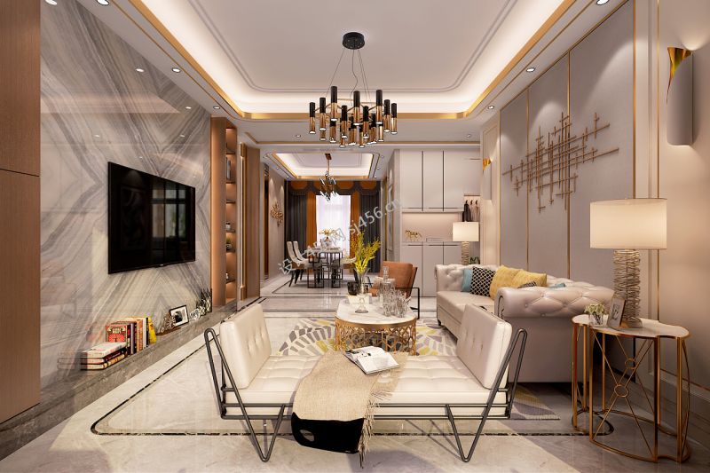 137平三居室港式轻奢客厅装修效果图