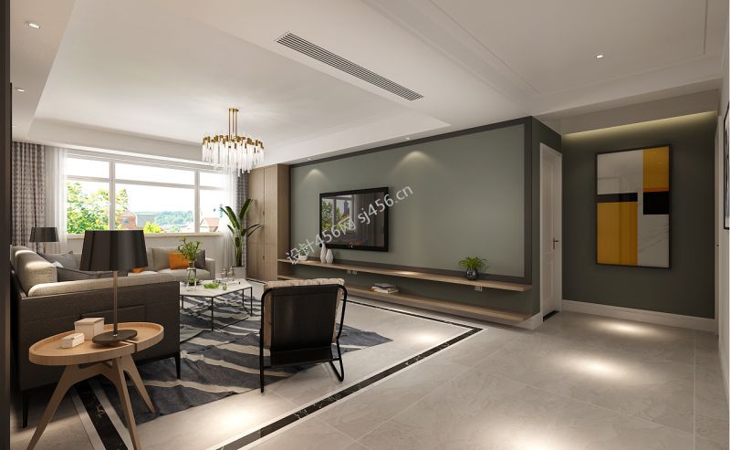 130平三居室现代简约客厅吊顶装修效果图
