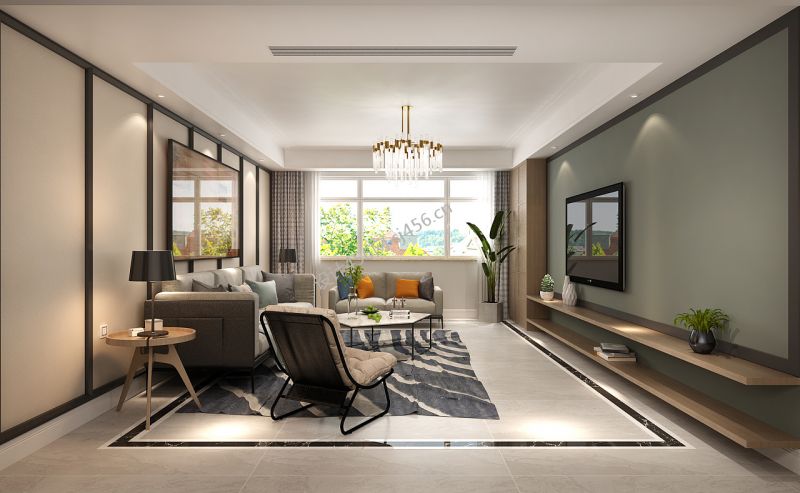 130平三居室现代简约客厅吊灯装修效果图