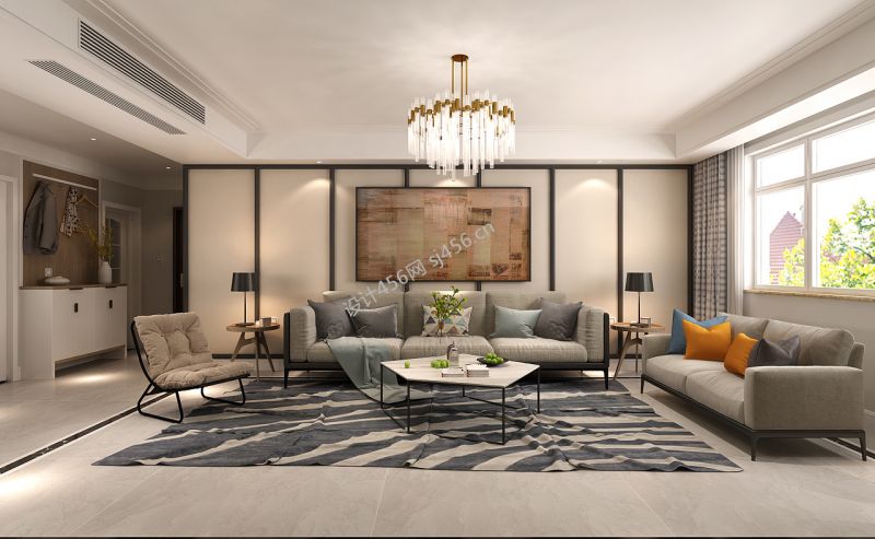 130平三居室现代简约客厅沙发背景墙装修效果图