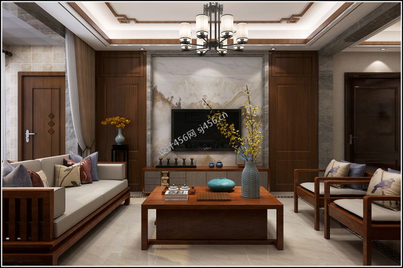 158平四居室新中式风格客厅装修效果图