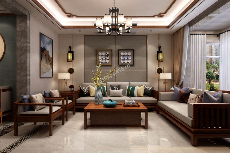 158平四居室新中式风格客厅吊顶装修效果图