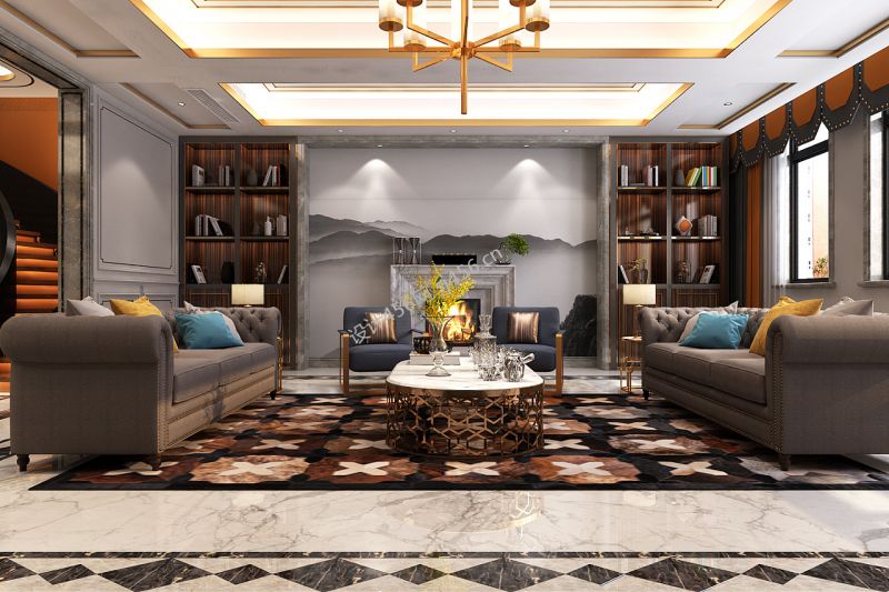 300平别墅现代风格客厅吊顶装修效果图