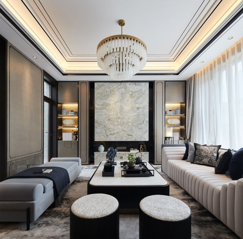 现代中式风格183平米客厅背景墙装修效果图