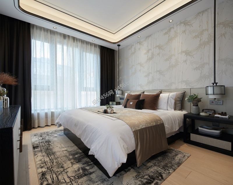 现代中式风格183平米卧室床装修效果图