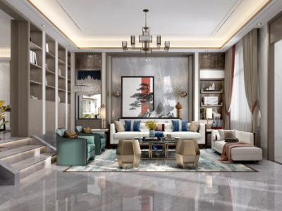 百合山庄145平三居室新中式风格装修案例