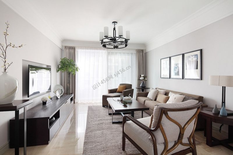 96平米中式风格三室两厅客厅装修效果图